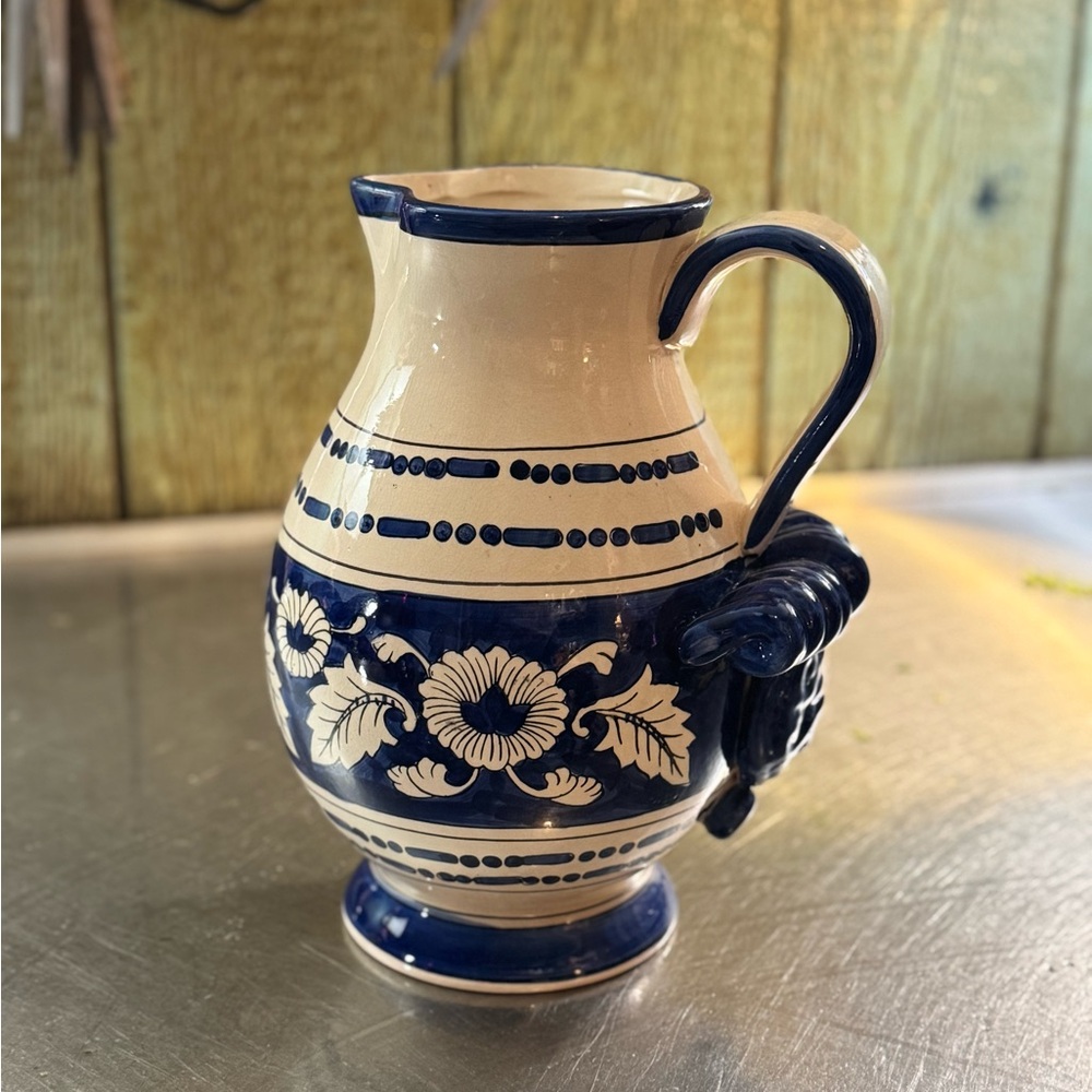 Blue and Cream Ceramic Pitcher WCL Vintage floral print